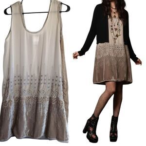 Anna Sui Cream Grey Silk Velvet Embroidered  Runaway Dress M